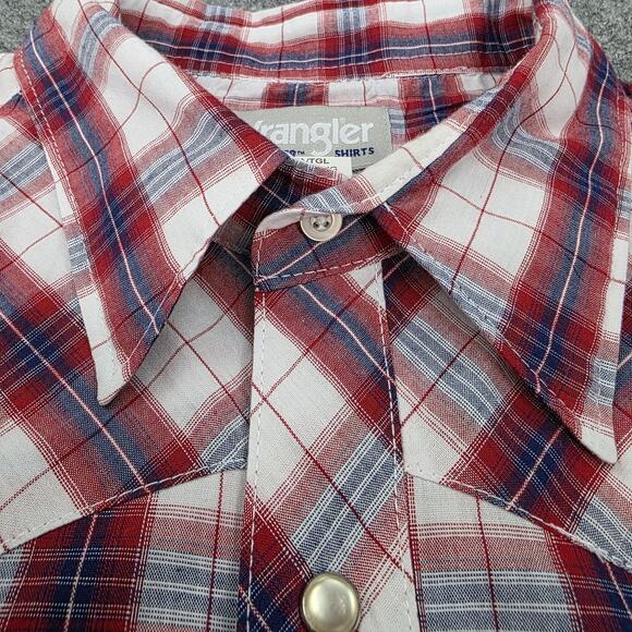 Wrangler Wrancher Shirt Mens XLT Red White Blue Plaid Pearl Snap Western Rodeo - Picture 10 of 15